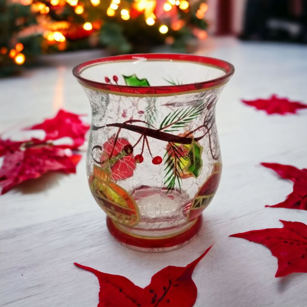 Holly Christmas Balls Votive Candle Holder Hand Painted Crackled Glass